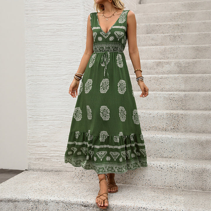Damen Maxikleid mit V-Ausschnitt, tailliertem Bindegürtel und gestuftem Volant Saum Drune