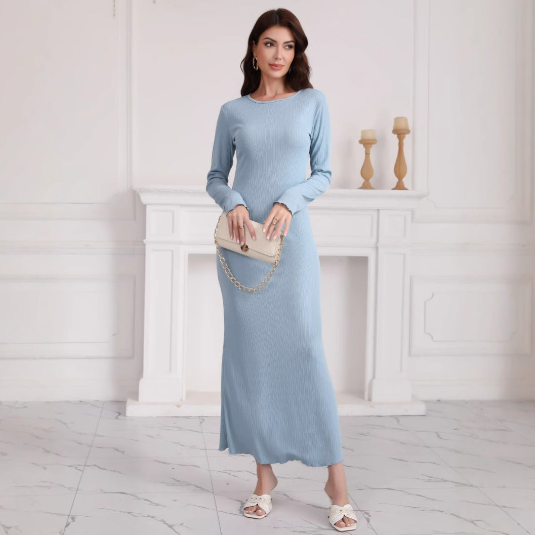 Damen Langes geripptes Bodycon-Maxikleid mit Rundhals & langen Ärmeln Drune