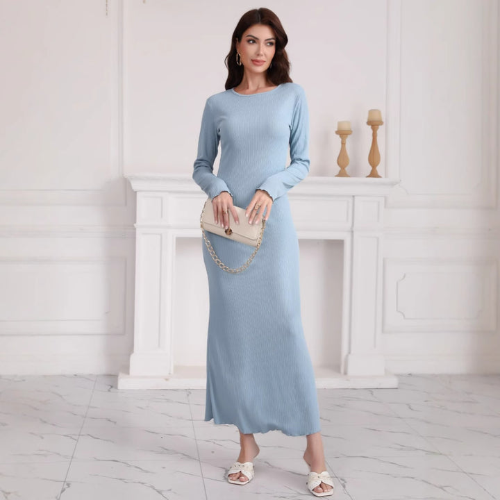 Damen Langes geripptes Bodycon-Maxikleid mit Rundhals & langen Ärmeln Drune