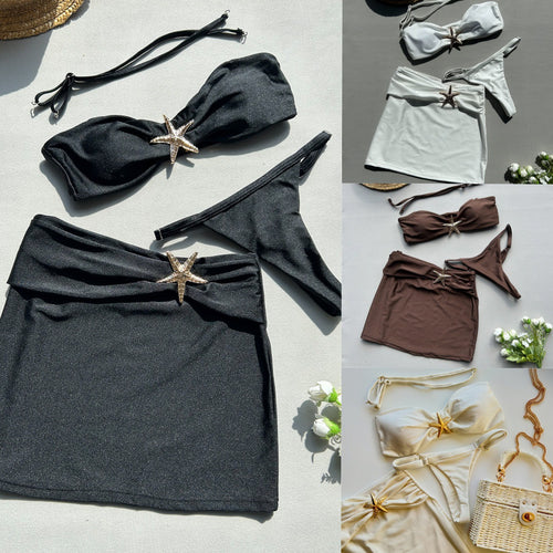 Damen Bandeau-Bikini-Set mit schicker Rüschenverzierung und modischem Rock Drune