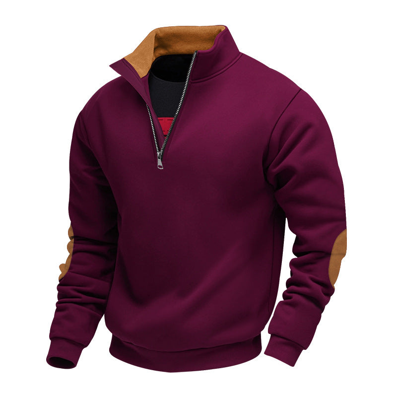 Herren nan Sweatshirt mit Halb-Reißverschluss, Stehkragen und Wildleder-Ellenbogenbesatz Drune
