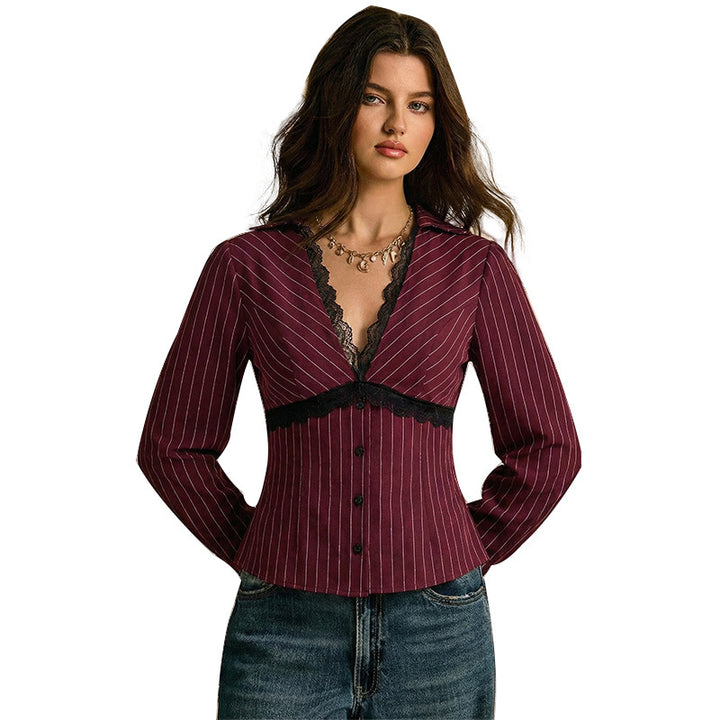 Damen Elegantes Blusenshirt mit Spitzen- und Streifenmuster Drune