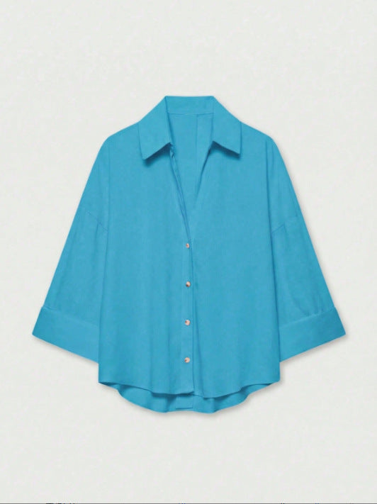 Damen Leichte Oversize Leinenoptik Bluse mit Dreiviertelärmeln und durchgehender Knopfleiste Drune