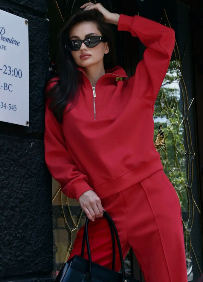 Damen Oversize-Halbreißverschluss-Sweatshirt mit weit geschnittener hochgeschnittener Palazzo-Hose Drune