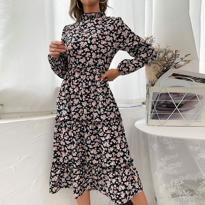 Damen Elegantes Langarm Kleid mit floralem Muster und Rüschendetails Drune