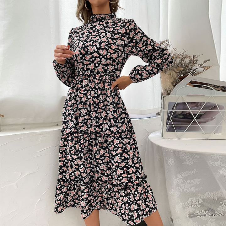 Damen Elegantes Langarm Kleid mit floralem Muster und Rüschendetails Drune