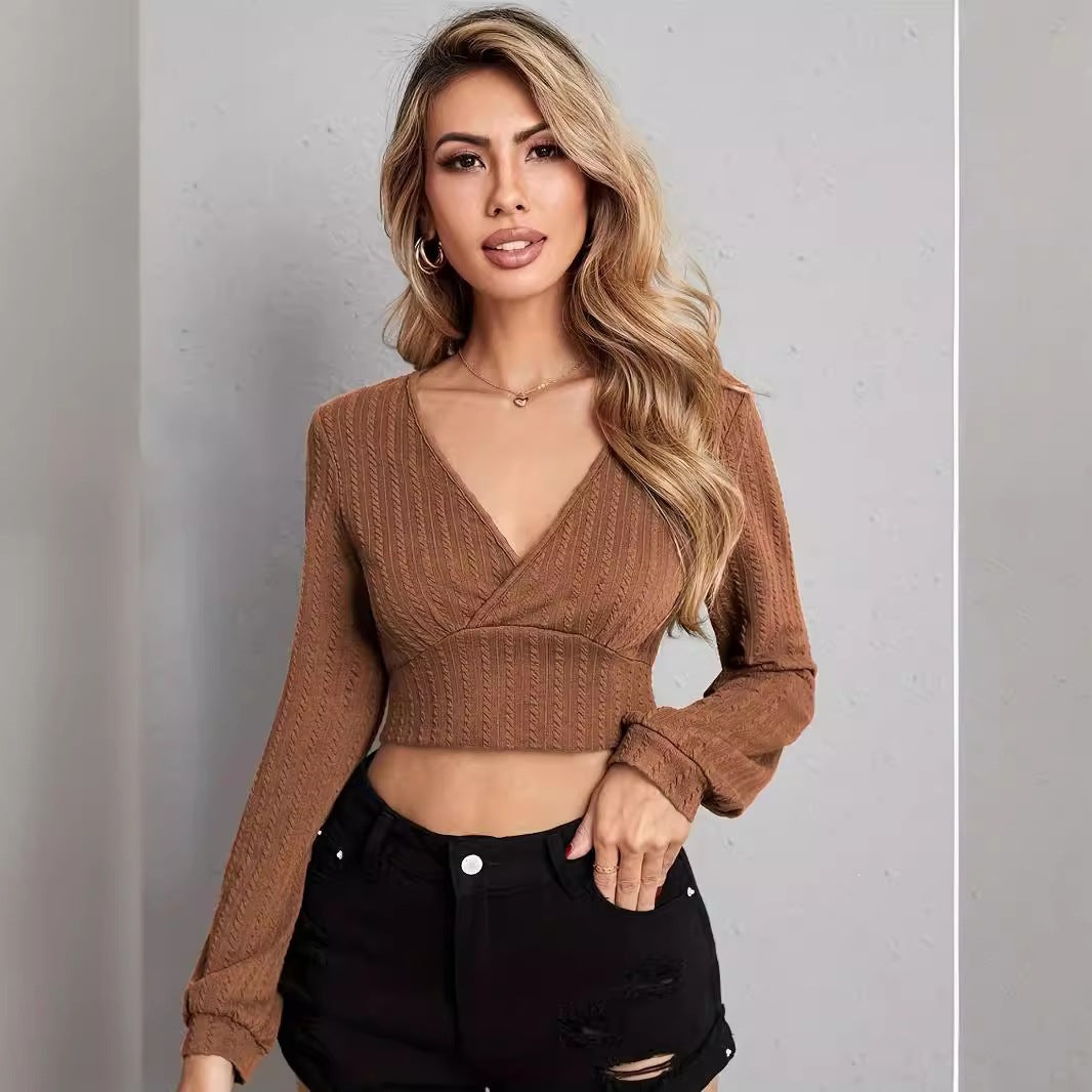 Damen Geripptes Cropped Wickel-Strickoberteil mit V‑Ausschnitt Drune