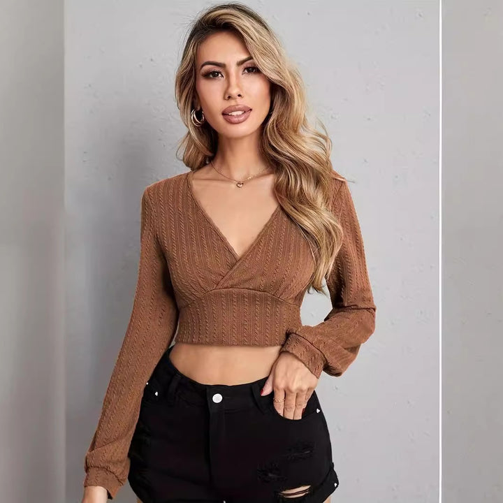 Damen Geripptes Cropped Wickel-Strickoberteil mit V‑Ausschnitt Drune