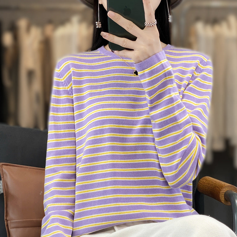 Damen Leichter Baumwollmix-Streifenpullover mit Rundhals, Raglanärmeln und lässiger Silhouette Drune