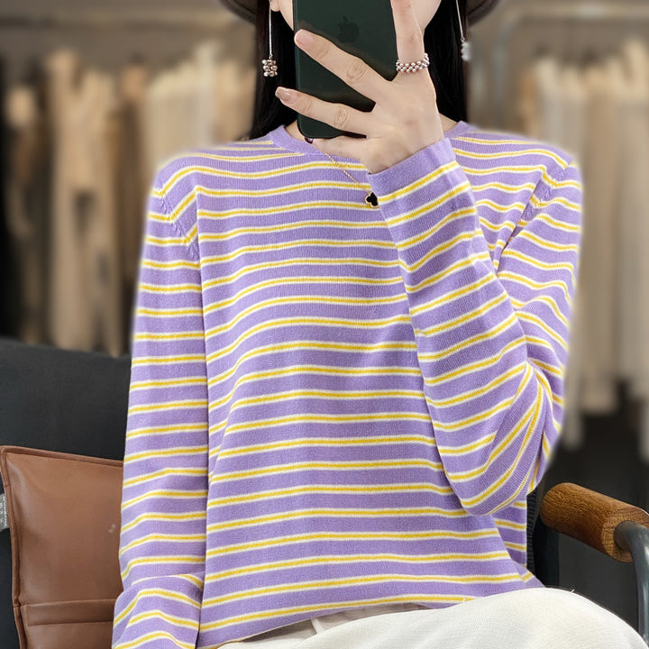 Damen Leichter Baumwollmix-Streifenpullover mit Rundhals, Raglanärmeln und lässiger Silhouette Drune