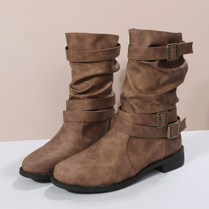 Damen nan lässige knöchelhohe Stiefelette mit gerafftem Schaft, dekorativen Schnallenriemen und flexibler Profilsohle Drune