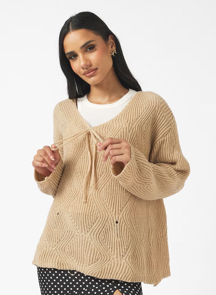 Damen Oversize Strickpullover mit V-Ausschnitt, Kordelzug und Rautenstruktur Drune