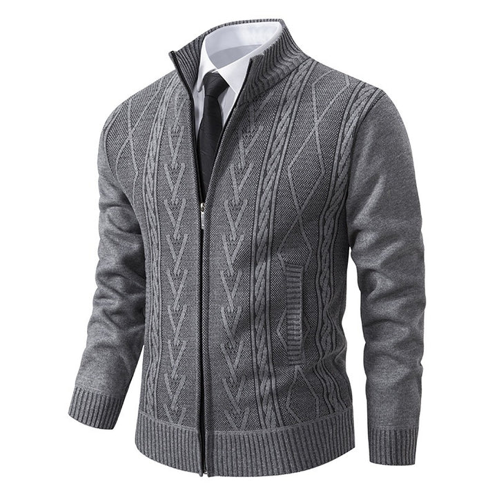 Herren Feinstrick-Zipjacke mit geometrischem Jacquardmuster, Stehkragen und Eingrifftaschen Drune