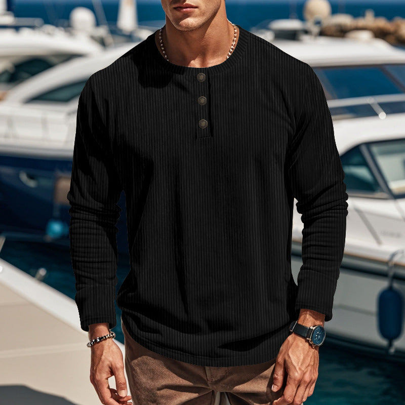 Herren nan geripptes Langarm-Henleyshirt mit Stehkragen und verdeckter Knopfleiste aus atmungsaktivem Jersey Drune