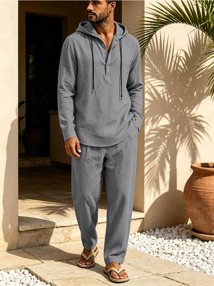 Herren Lässiges Leinen-Look Freizeit-Set mit Kapuzenhemd und weiten Hosen Drune