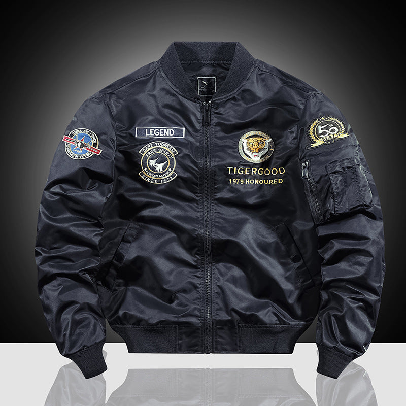 Herren bestickte Nylon-Flightjacke mit großflächigem Tiger- und Motorradmotiv Drune