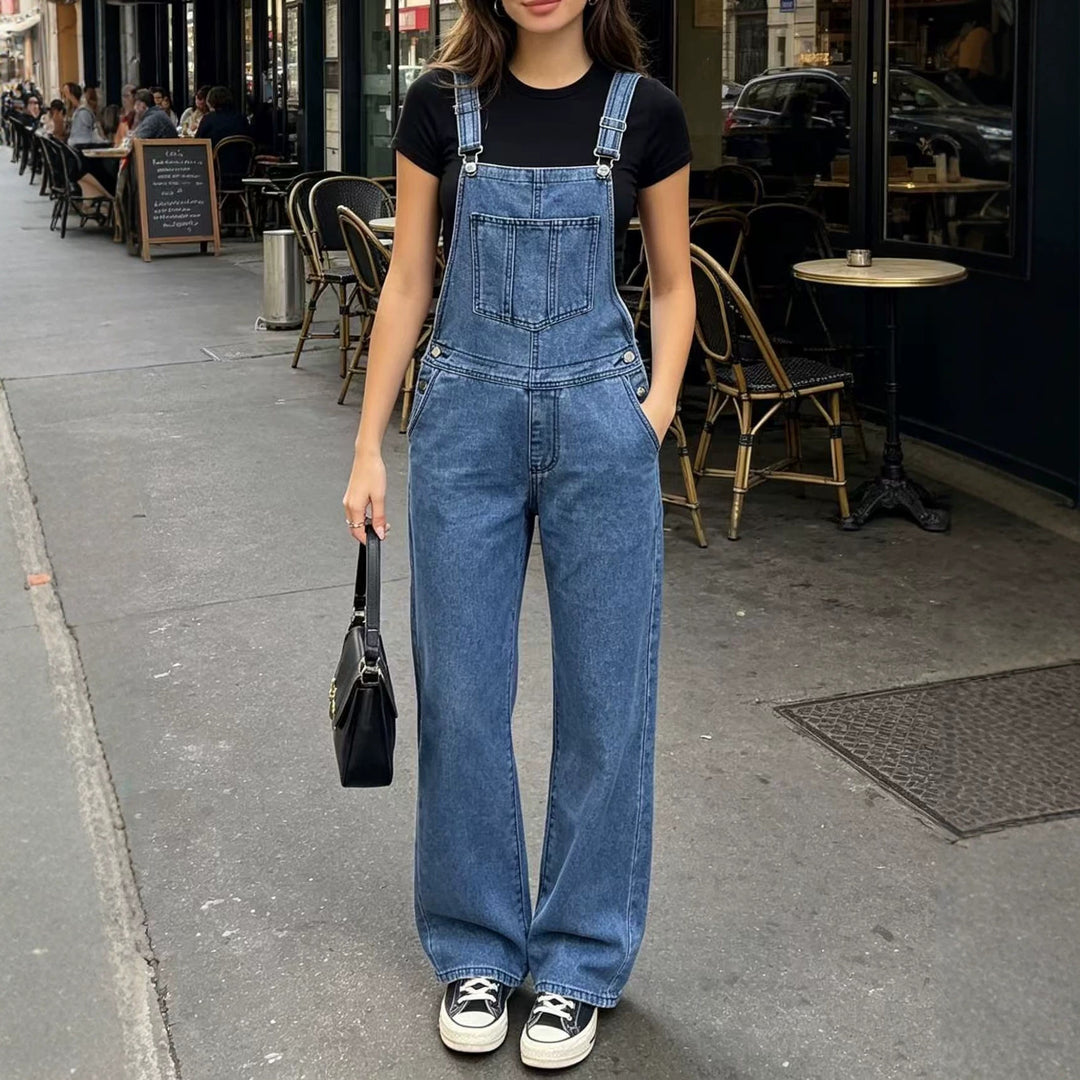 Damen nan weite Denim-Latzhose mit hoher Taille, verstellbaren Trägern und lässigem Schlag Drune