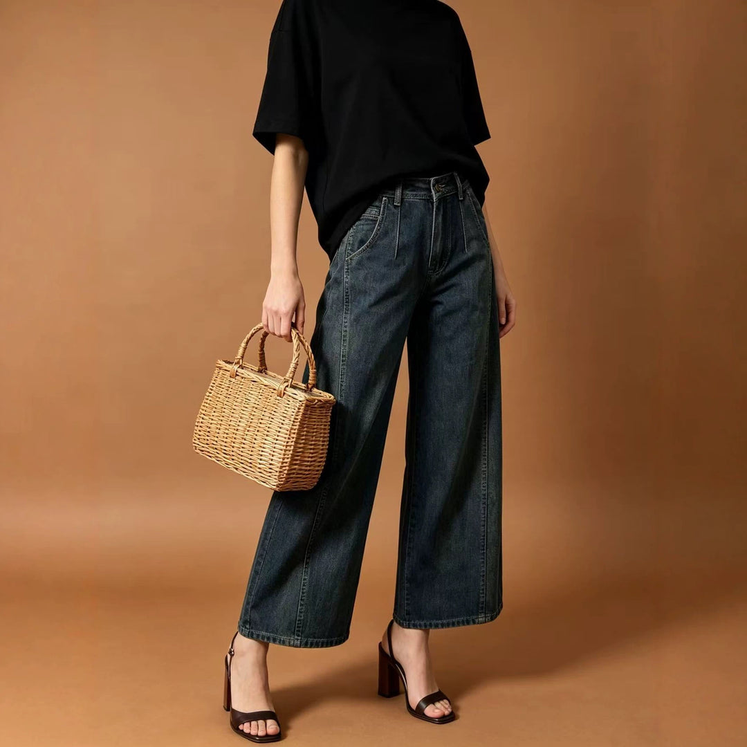 Damen nan hohe Taille Plissée Wide-Leg-Denimhose mit verkürztem Bein und dekorativen Vorderfalten Drune