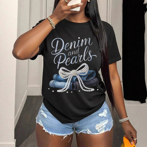 Damen T-Shirt mit kreativem Schriftzug und eleganten Perlenakzenten Drune