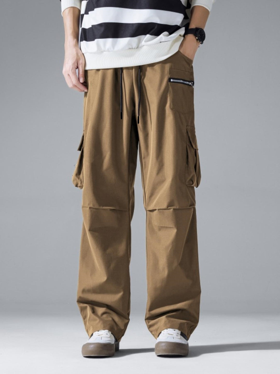 Herren Weite Cargo‑Hose im Baggy‑Cut mit Tunnelzugbund, Zipper‑Tasche & Klappfächern Drune