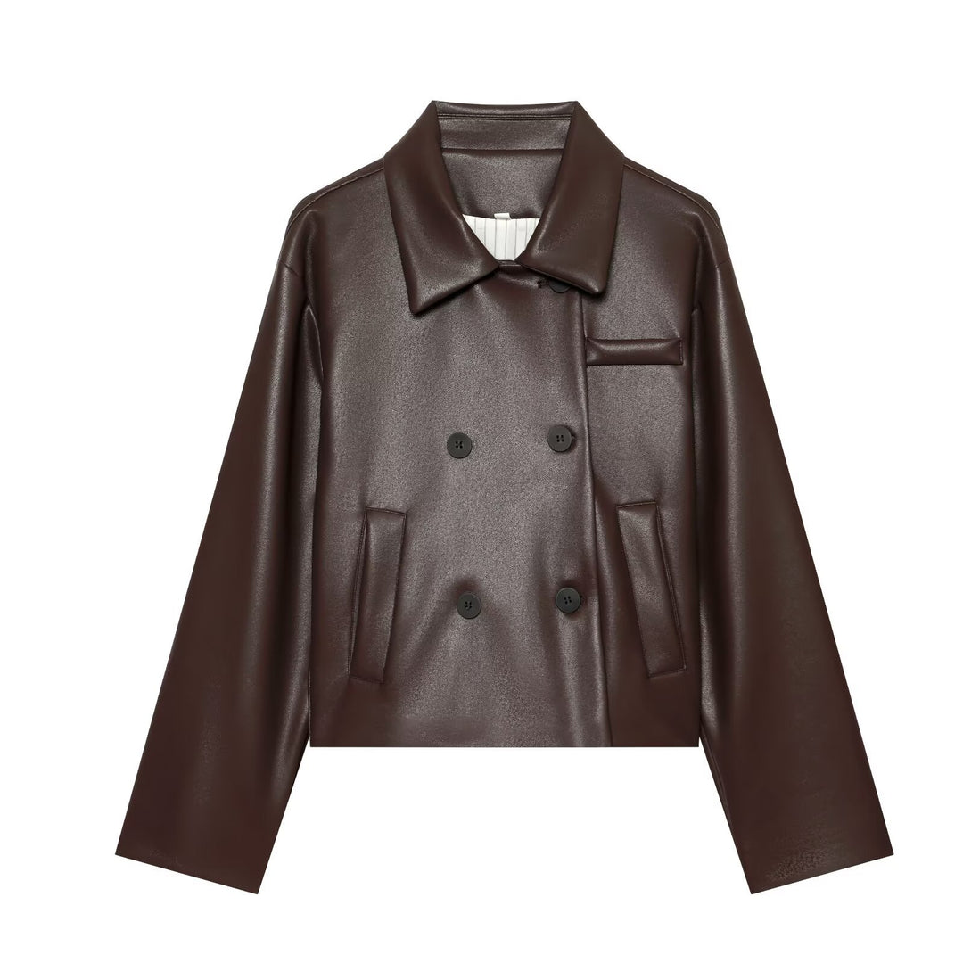 Damen Kurzer Kunstleder-Blouson mit doppelreihiger Knopfleiste und kastiger Silhouette Drune