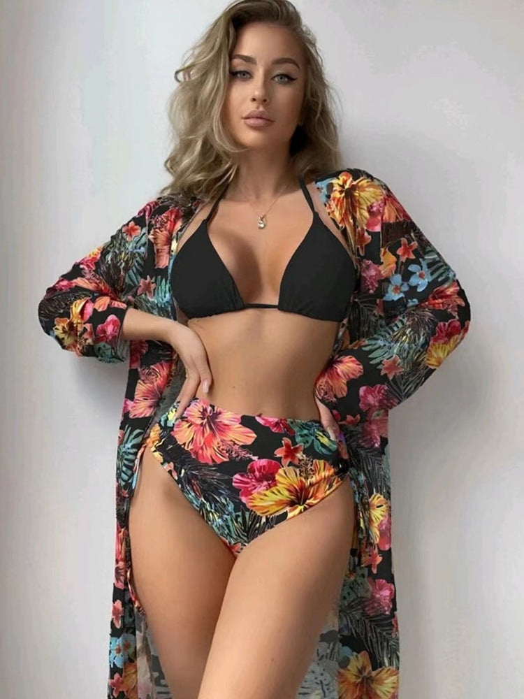 Damen Bikiniset mit hohem Bund und floralem Überwurf Drune