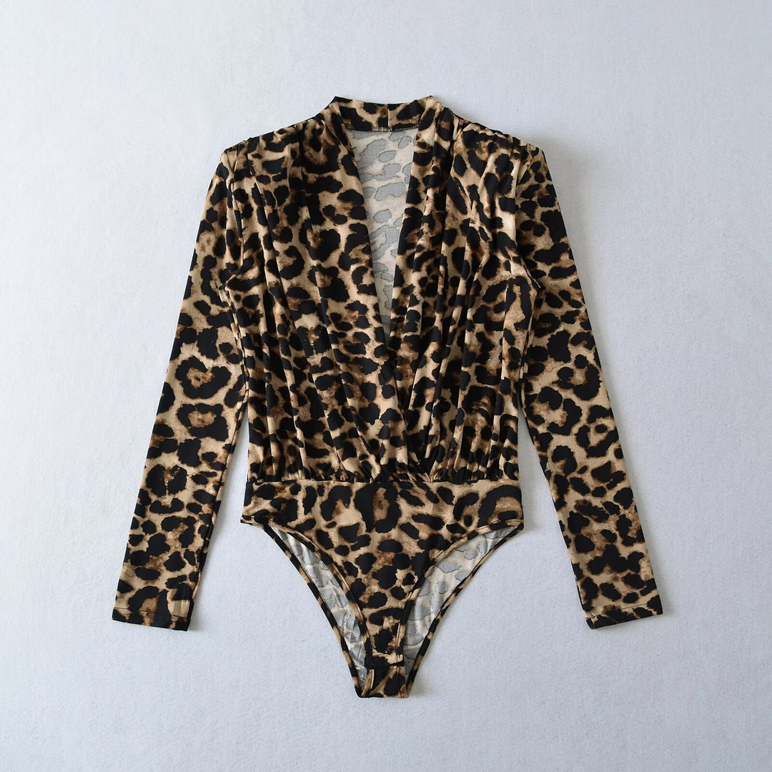 Damen Body mit elegantem Leopardenmuster und tiefem V-Ausschnitt Drune