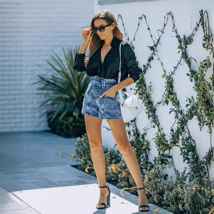 Damen Hochwaist Denim Shorts mit abnehmbarem Gürtel Drune