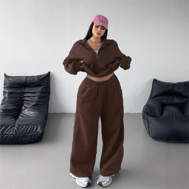 Damen Samt-Cropped-Ziphoodie und weit geschnittene High-Waist Palazzo-Jogginghose Drune