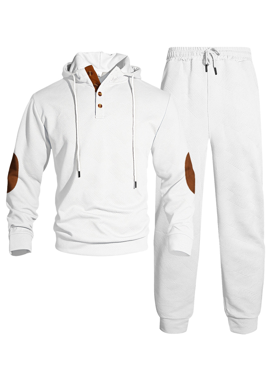 Herren nan Waffelstruktur Henley-Kapuzen-Set mit Holzknopfleiste Ellbogen-Patches und konischer Jogginghose Drune