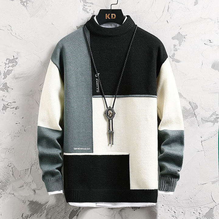 Herren nan modischer Blockdesign Strickpullover mit Stehkragen und Regular-Fit Drune