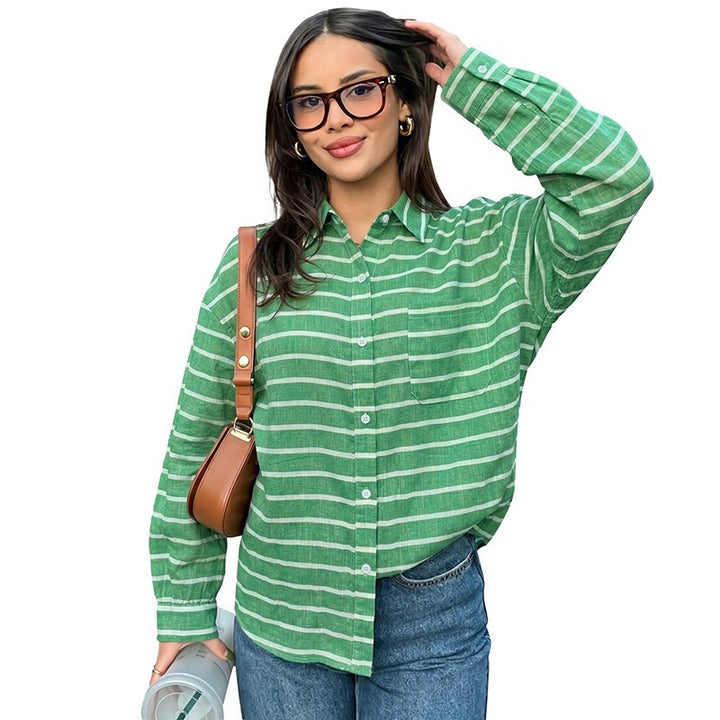 Damen Lässige Leinenoptik-Hemdbluse mit Streifen, Oversize-Schnitt und Brusttasche Drune