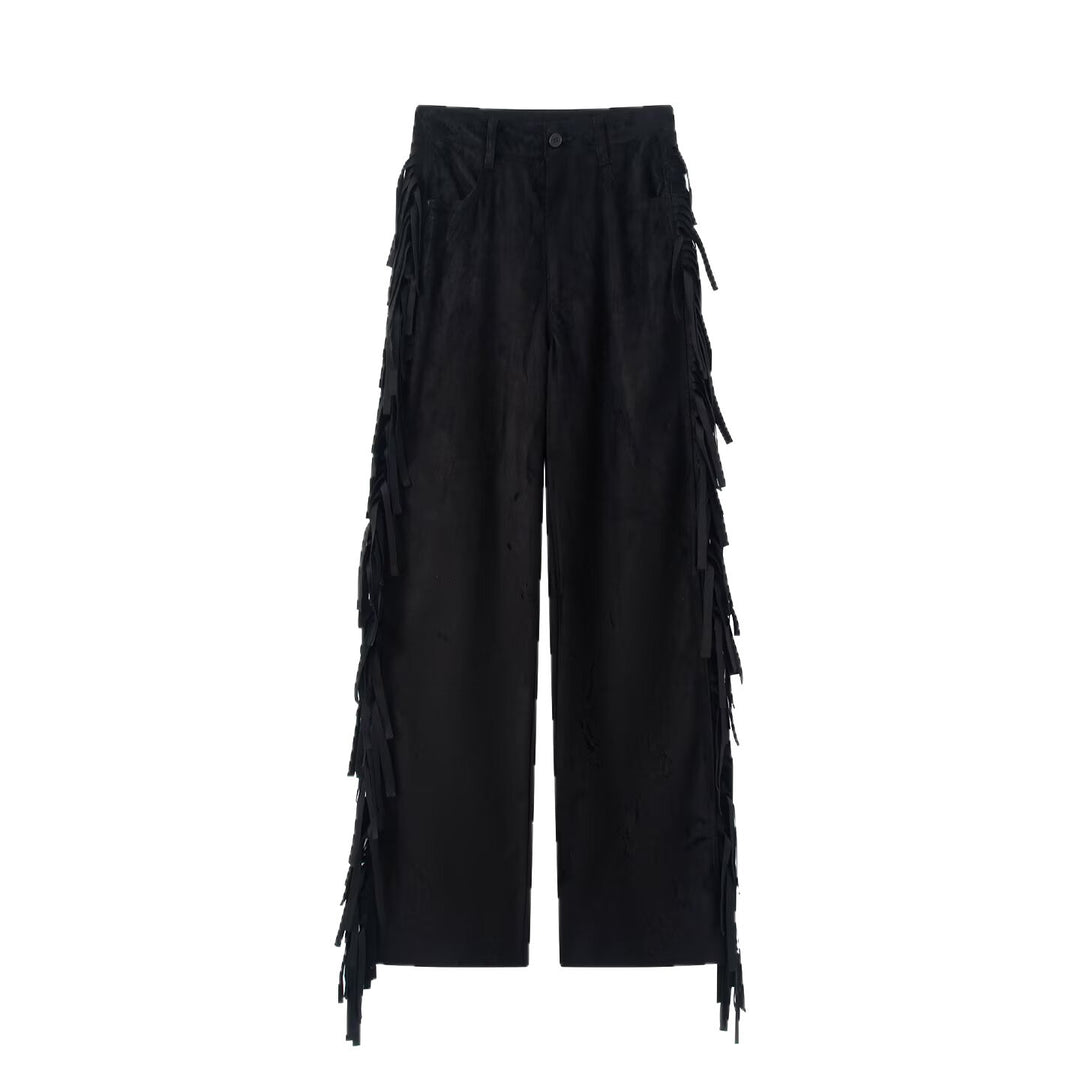 Damen Weite High‑Waist Schlaghose mit seitlichen Fransen und Wildleder‑Optik Drune