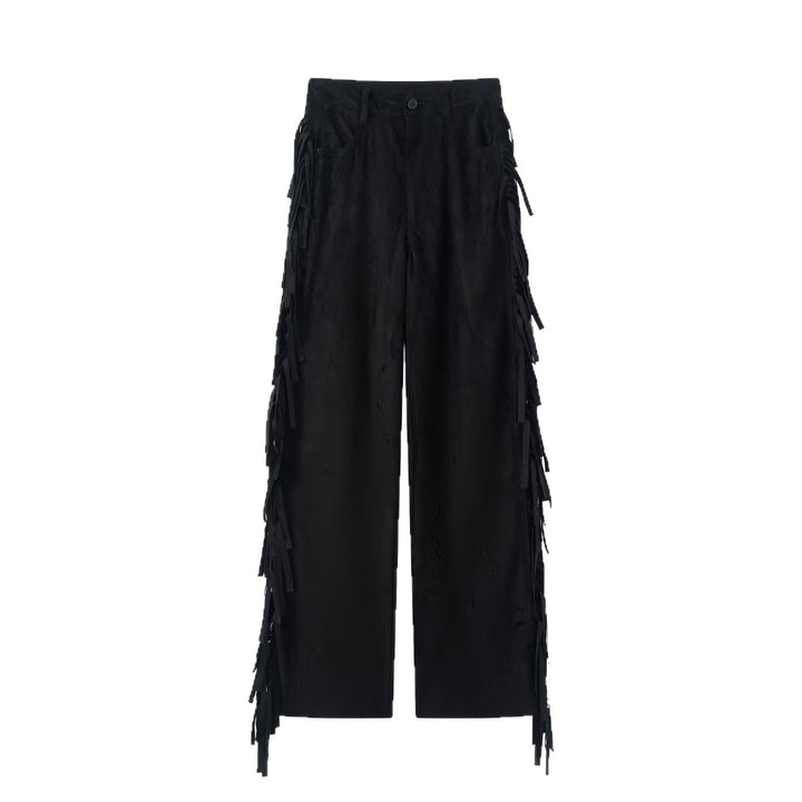 Damen Weite High‑Waist Schlaghose mit seitlichen Fransen und Wildleder‑Optik Drune