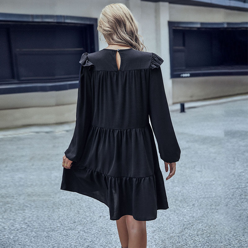 Damen A-Linien Stufenkleid mit langen Ärmeln und zarten Rüschen Drune