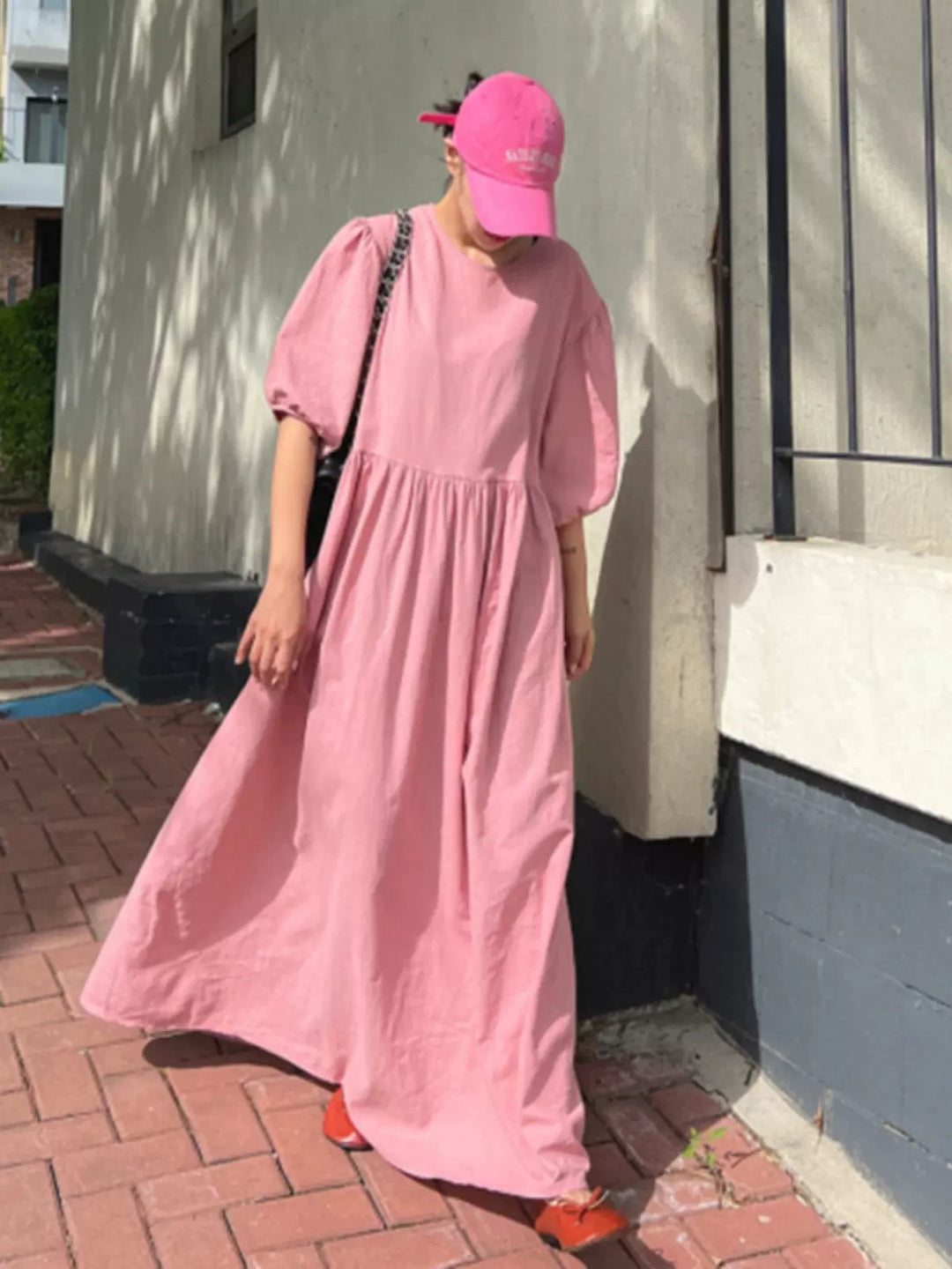 Damen Lässiges Maxi-Babydollkleid mit Puffärmeln und geraffter Taillenpartie Drune
