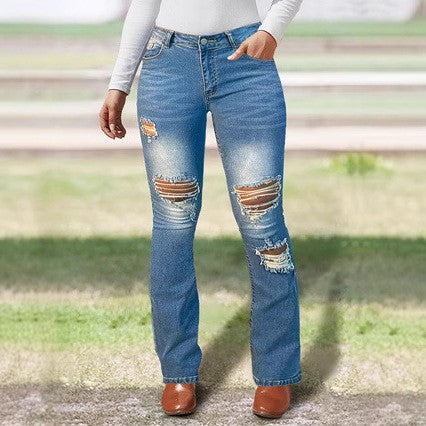 Damen Bootcut-Jeans mit Knie-Rissen aus Stretch-Denim und mittelhoher Taille Drune