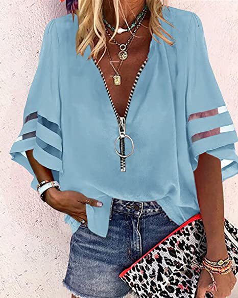 Damen V‑Ausschnitt Bluse mit dekorativem Ringreißverschluss und Cut-Out-Ärmeln Drune
