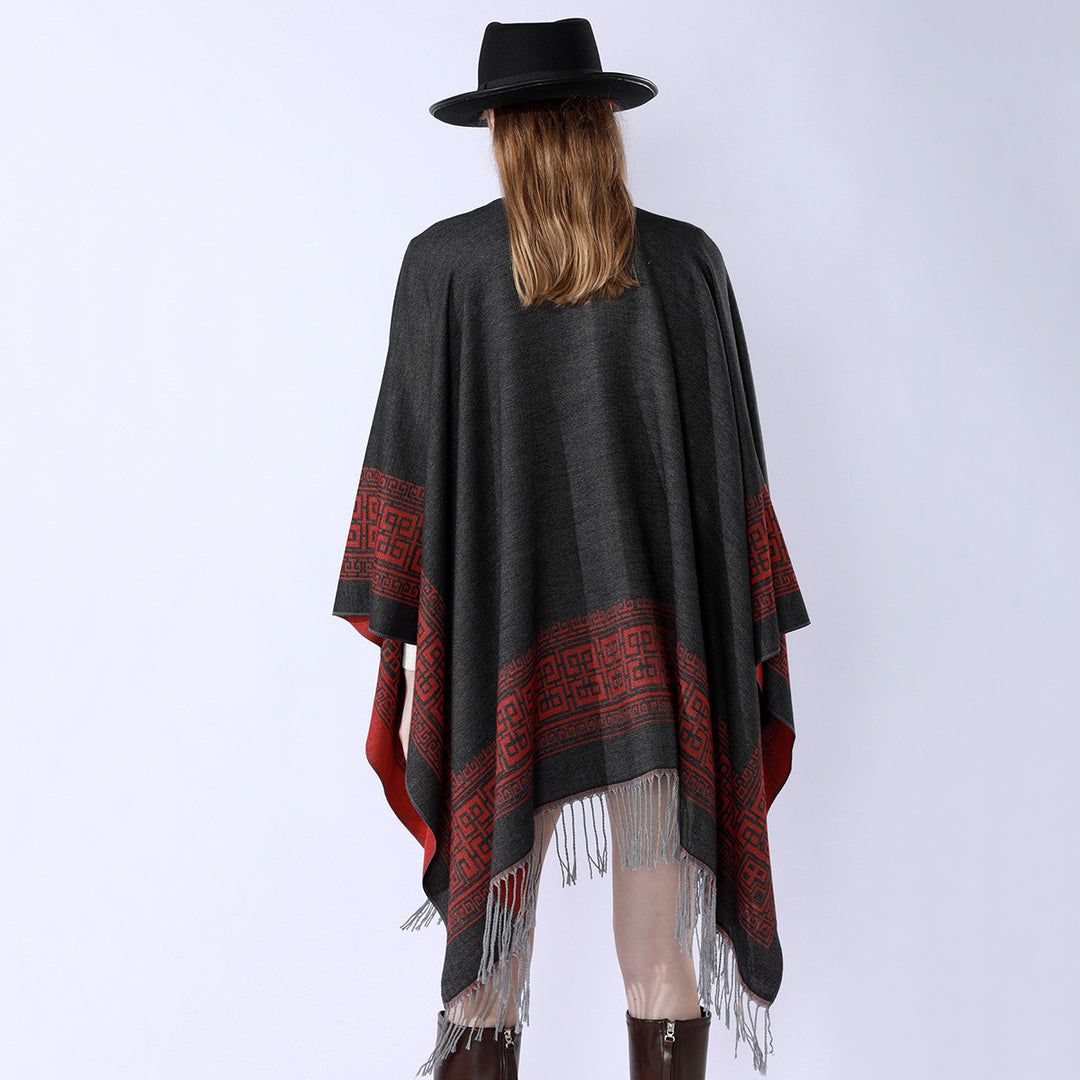 Damen Reversibler Wollmix‑Überwurf im Kimono‑Fall mit ornamentaler Bordüre und Zierfransen Drune