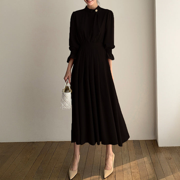 Damen Midikleid mit Stehkragen, Schleifenblende und geraffter Taille Drune