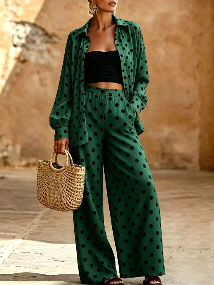 Damen Zweiteiliges Punkte-Loungewear-Set mit weitem Hemd und Palazzo-Hose Drune