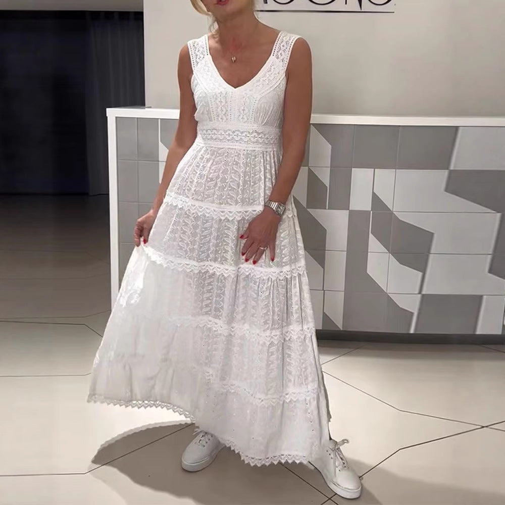 Damen nan ärmelloses Boho-Spitzen-Lagenmaxikleid mit V-Ausschnitt und Empire-Taille Drune
