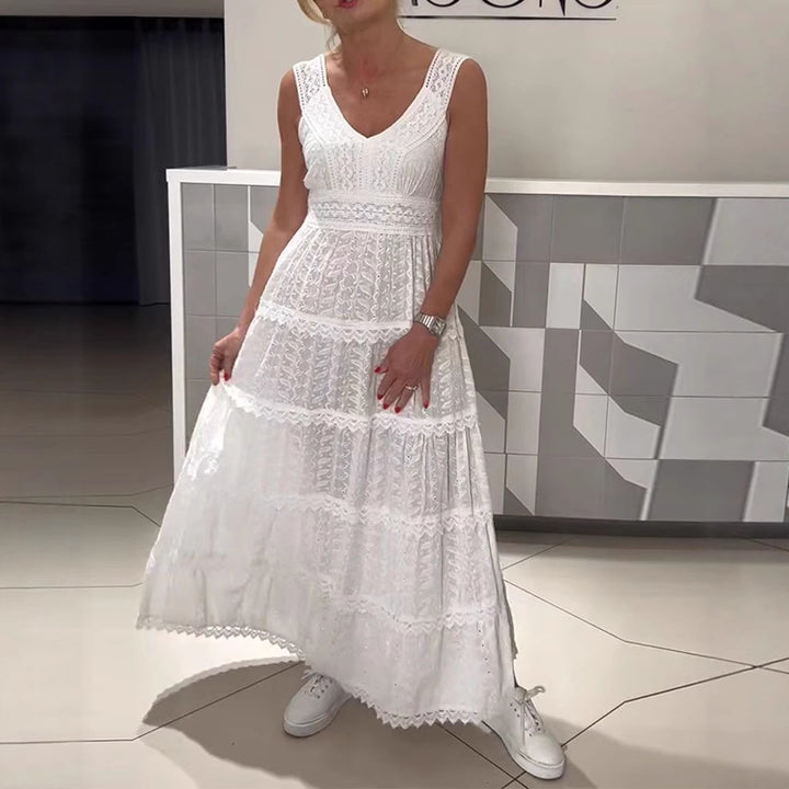 Damen nan ärmelloses Boho-Spitzen-Lagenmaxikleid mit V-Ausschnitt und Empire-Taille Drune