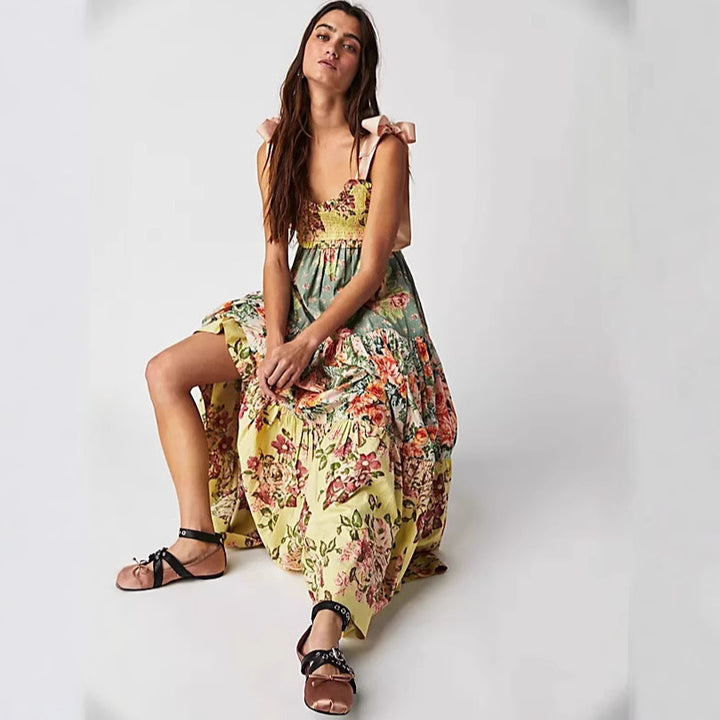 Damen Maxikleid mit floralen Mustern und voluminösem Rock Drune