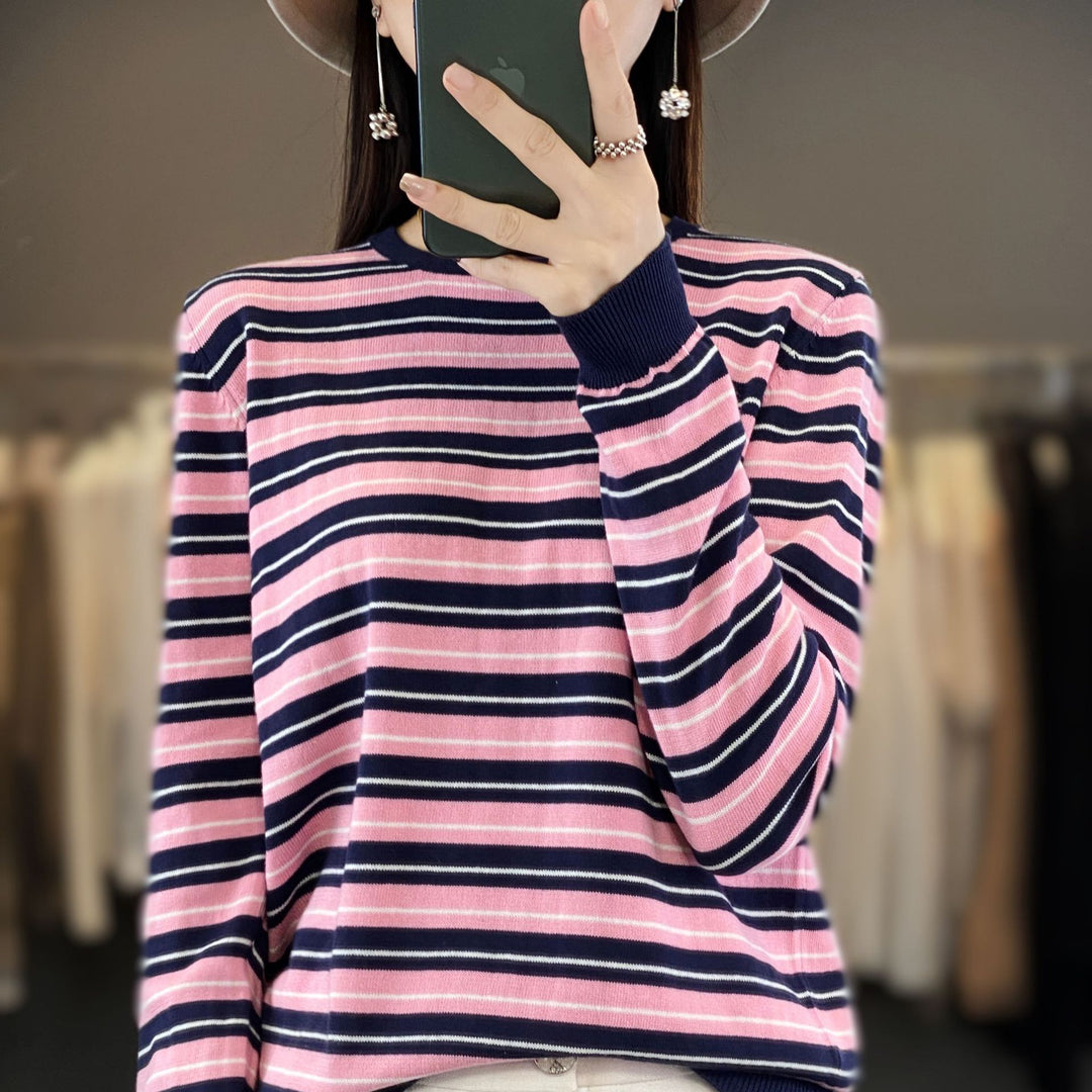 Damen Lässiger Ringel-Feinstrickpullover mit Boxy‑Silhouette und kontrastierenden Rippbündchen Drune