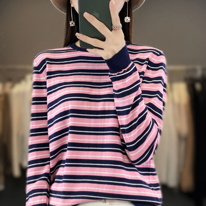 Damen Lässiger Ringel-Feinstrickpullover mit Boxy‑Silhouette und kontrastierenden Rippbündchen Drune