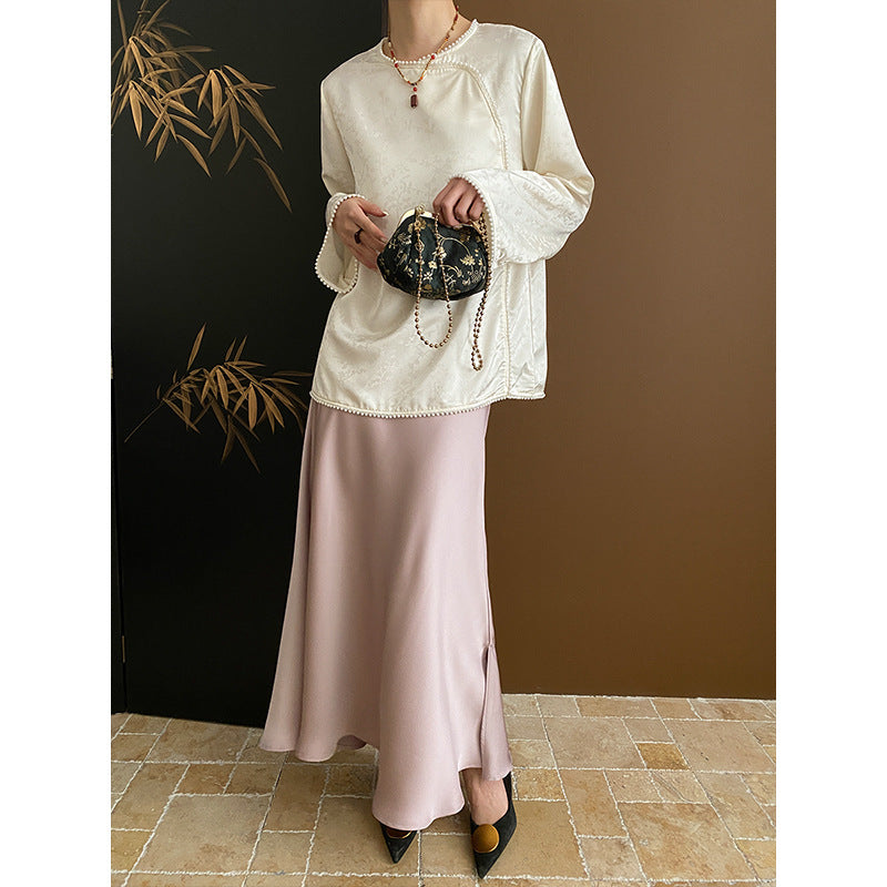 Damen Elegantes Oberteil mit weitem Schnitt und Perlendetails Drune