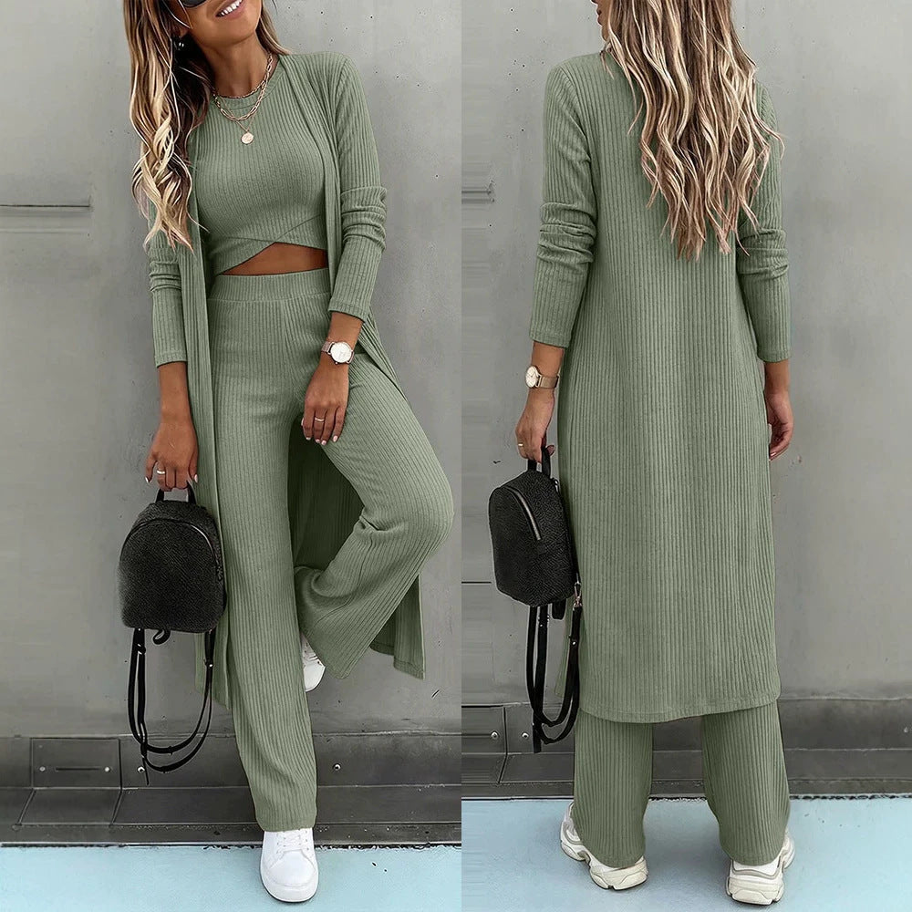 Damen Dreiteiliges Rippstrick-Loungewear-Set mit Longcardigan, bauchfreiem Top und weiter Palazzohose Drune