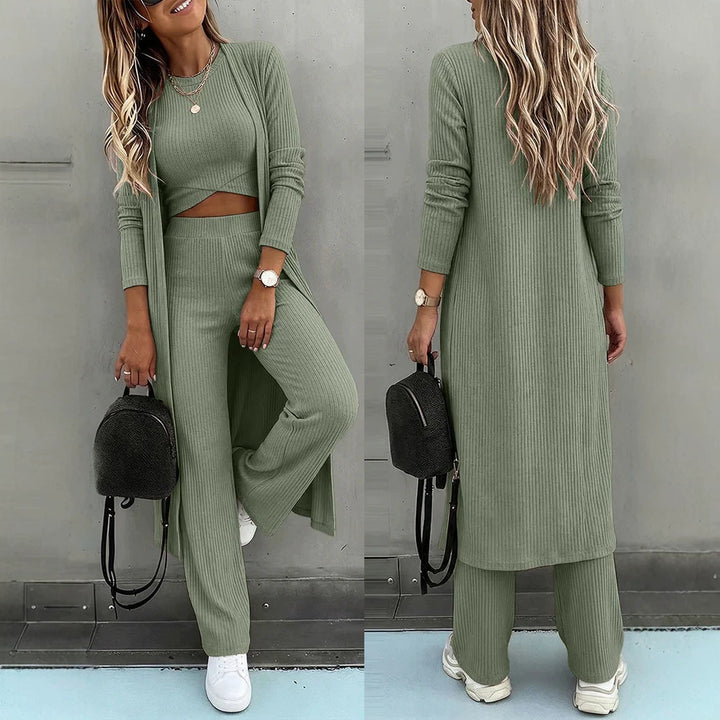 Damen Dreiteiliges Rippstrick-Loungewear-Set mit Longcardigan, bauchfreiem Top und weiter Palazzohose Drune