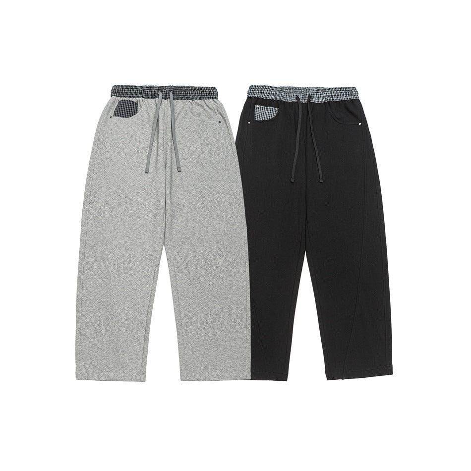 Damen Leichte Sweatpants mit hohem Gummibund, Karomusterbesatz und weitem Cropped Schnitt Drune
